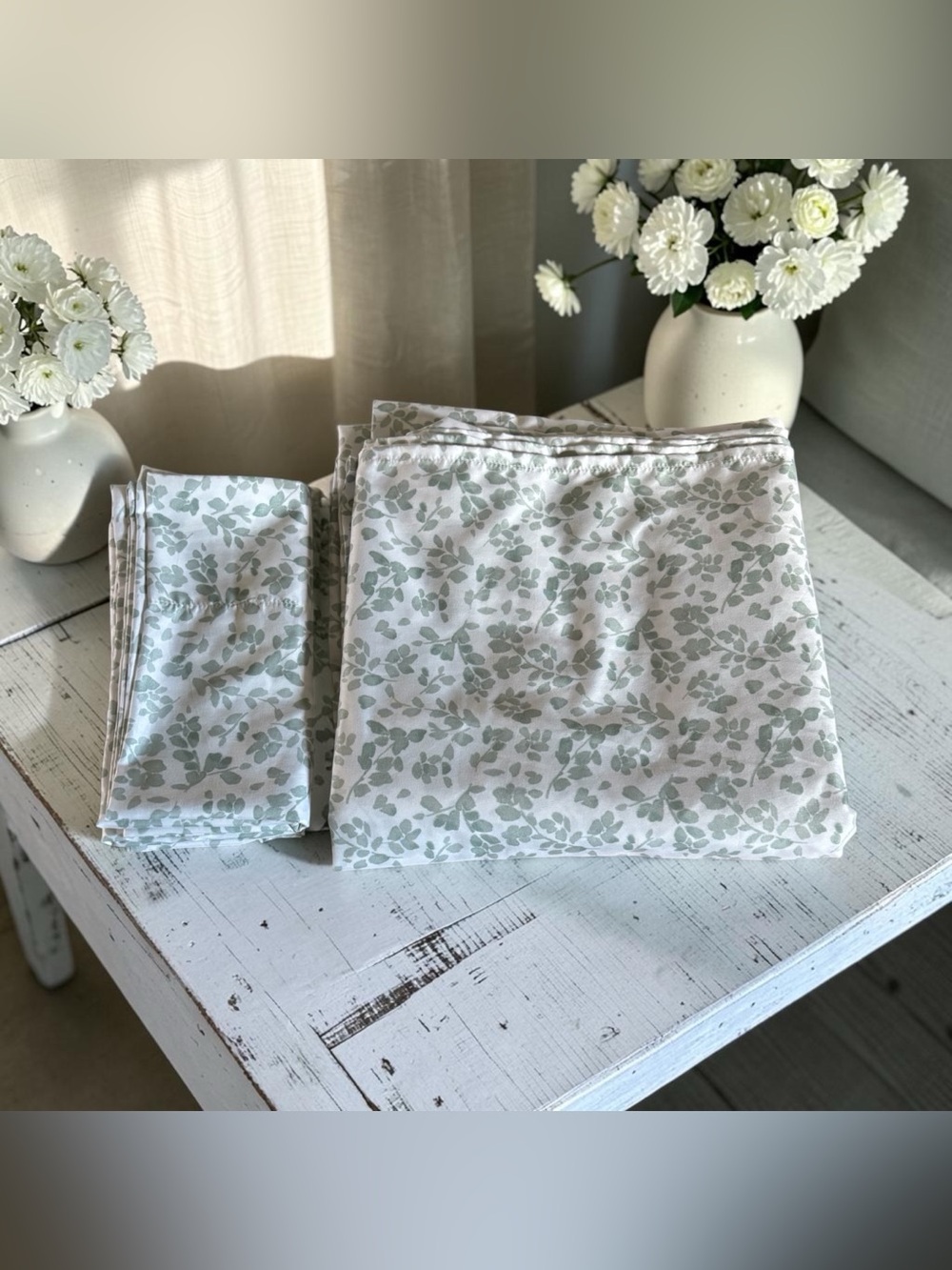 3 Pc Reaction Kenneth Cole Flat Sheet & 2 Pillowcase Set King Sage Green Leaves